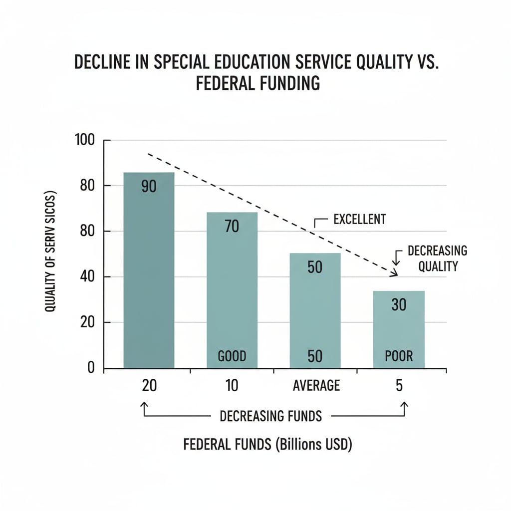 A bar graph shows the decline in the quality of special education services as federal funds decrease. The x-axis represents the amount of federal funds, and the y-axis represents the quality of services. Graph depicting the relationship between federal funds and the quality of special education services during a crisis