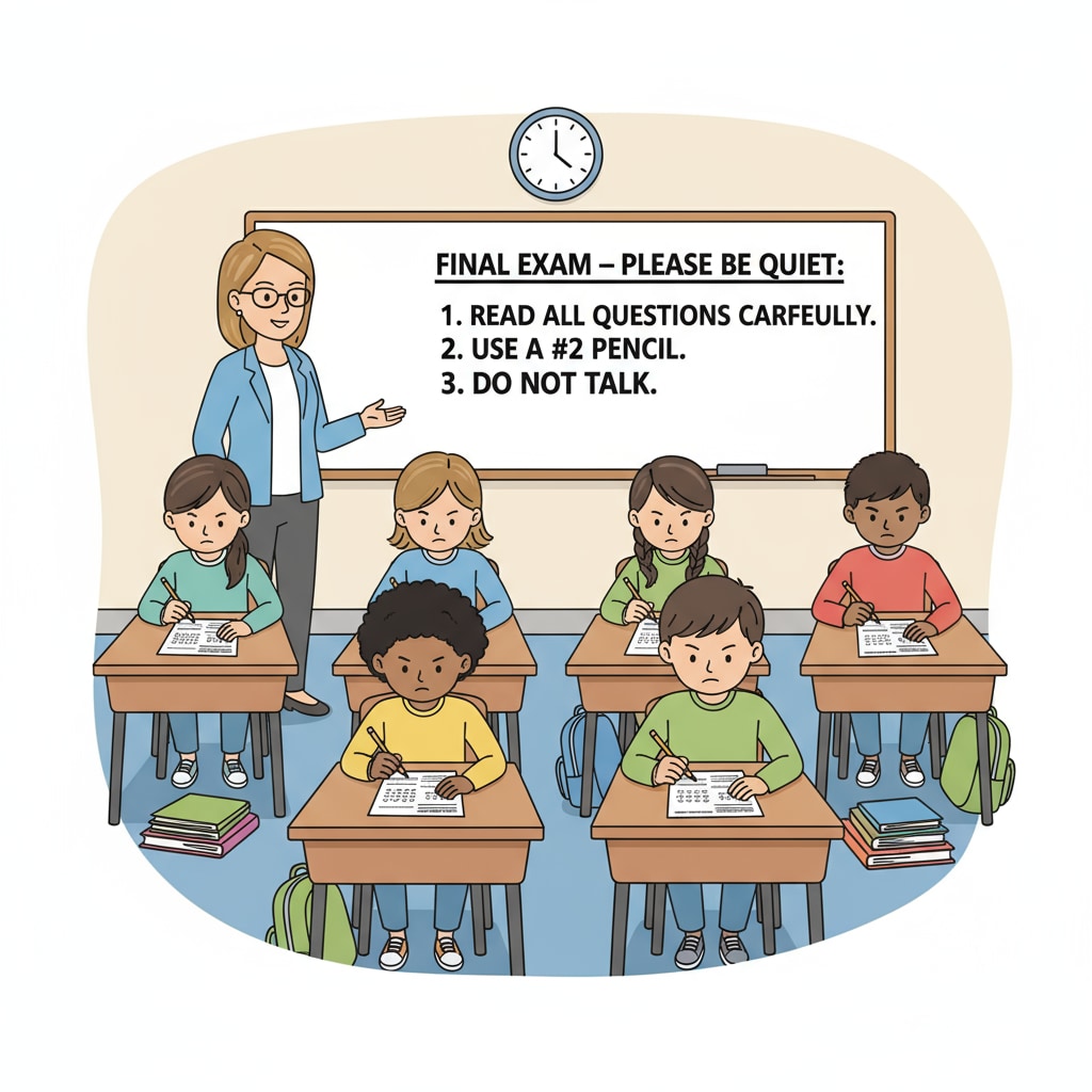 A classroom scene where students are taking a standardized test. The students are sitting at their desks, concentrating on answering the questions on the test papers. Students taking a standardized test under the