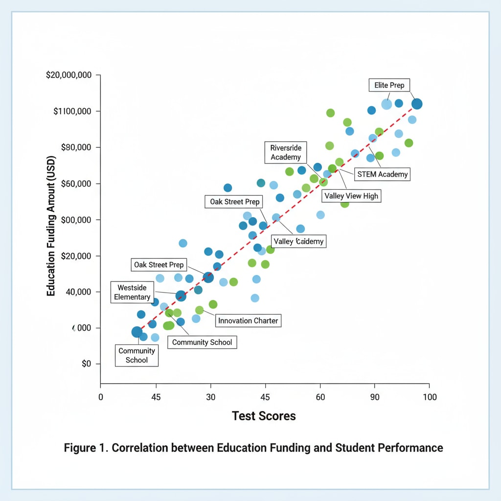 A graph showing the correlation between test scores and education funding in different schools. The x-axis represents test scores, and the y-axis represents the amount of education funding. Different data points show the situation of various schools. Graph demonstrating the relationship between test scores and education funding in schools affected by the