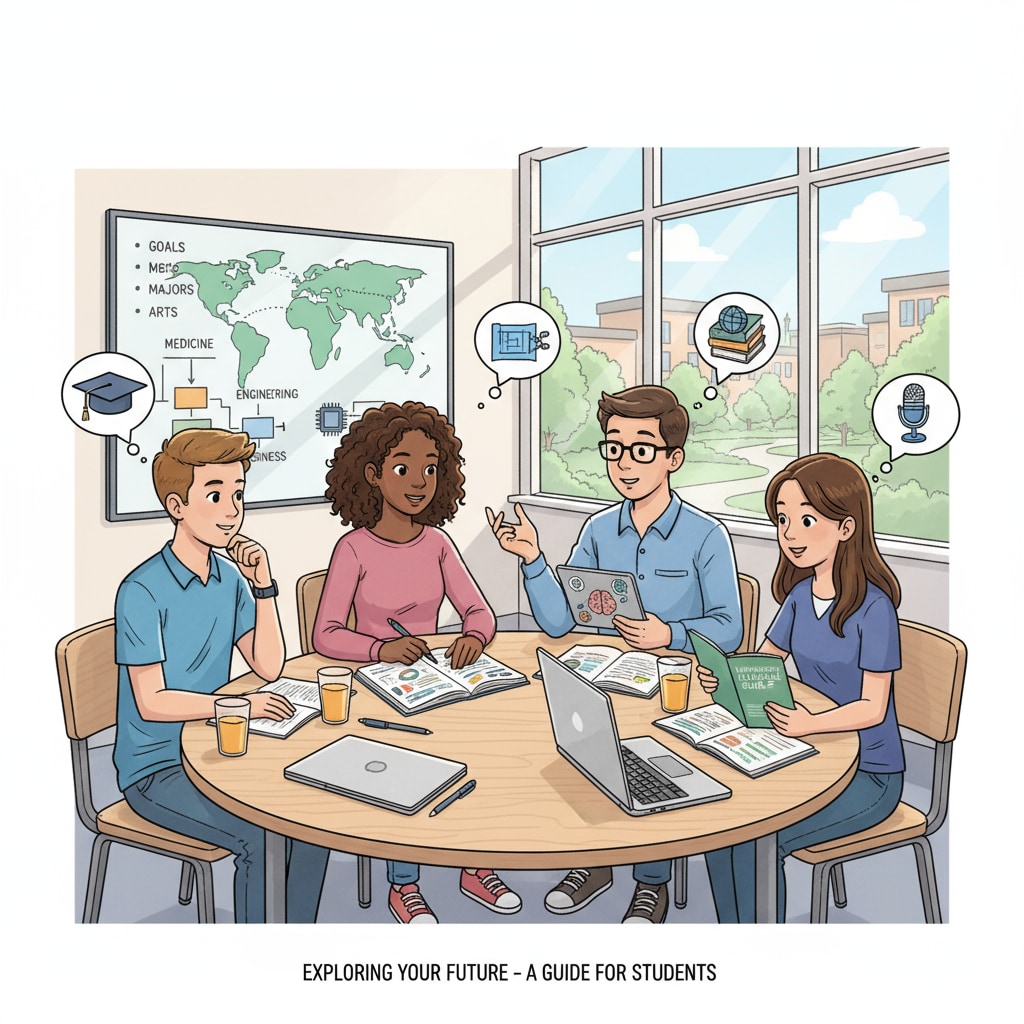 A group of high school students sitting around a table, discussing their academic plans and future career aspirations. High school students engaged in academic and career planning discussions