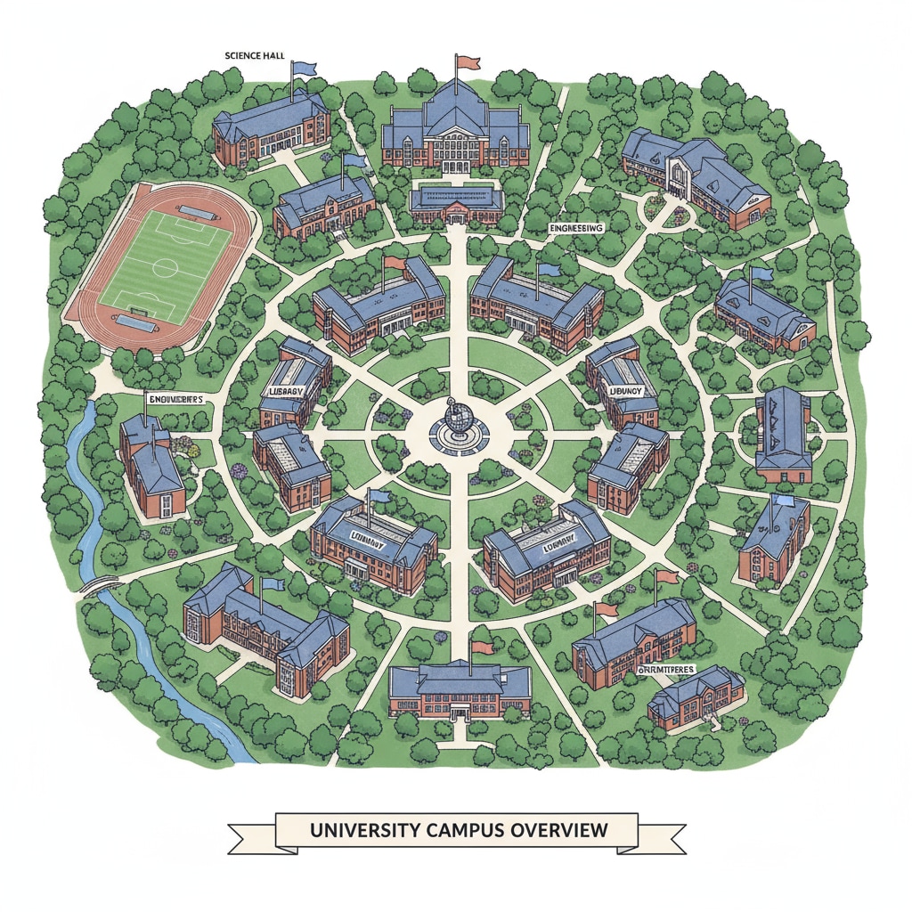 An aerial view of a large university campus with multiple buildings, green spaces, and students walking around. Aerial view of a university campus for students considering academic and career opportunities