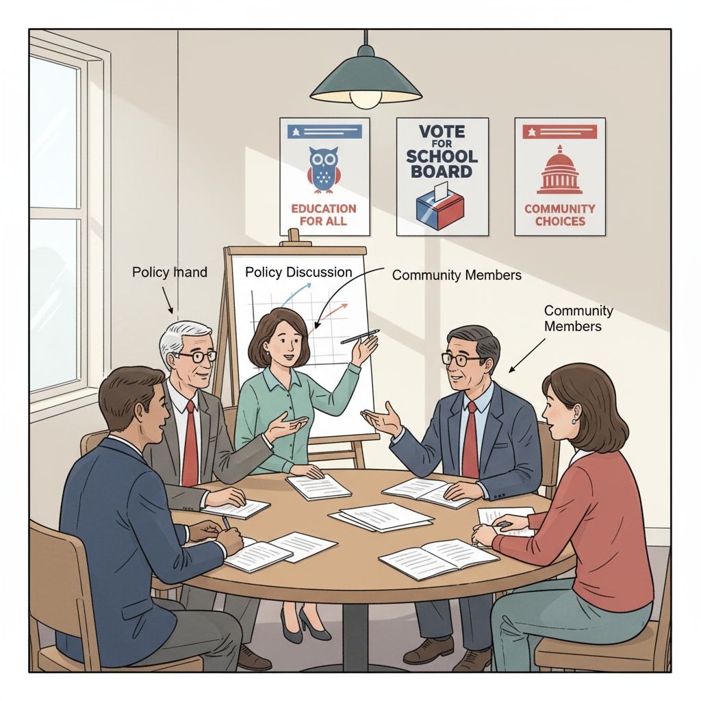 A scene depicting a group of people engaged in a discussion around a table, with posters related to school board elections visible in the background, symbolizing the political nature of school board decision-making processes. People discussing school board elections with political undertones, emphasizing the role of political confrontation in education decision-making