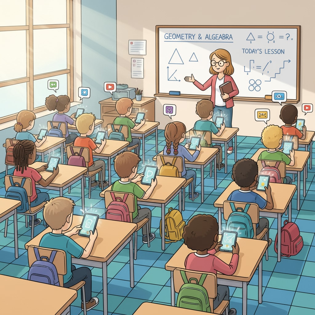 A group of K12 students are sitting in a classroom, but instead of paying attention to the teacher, they are all looking at their smartphones or tablets, showing signs of being distracted from learning. K12 students distracted by digital devices in the classroom due to the influence of the attention economy, information desert, and technology addiction