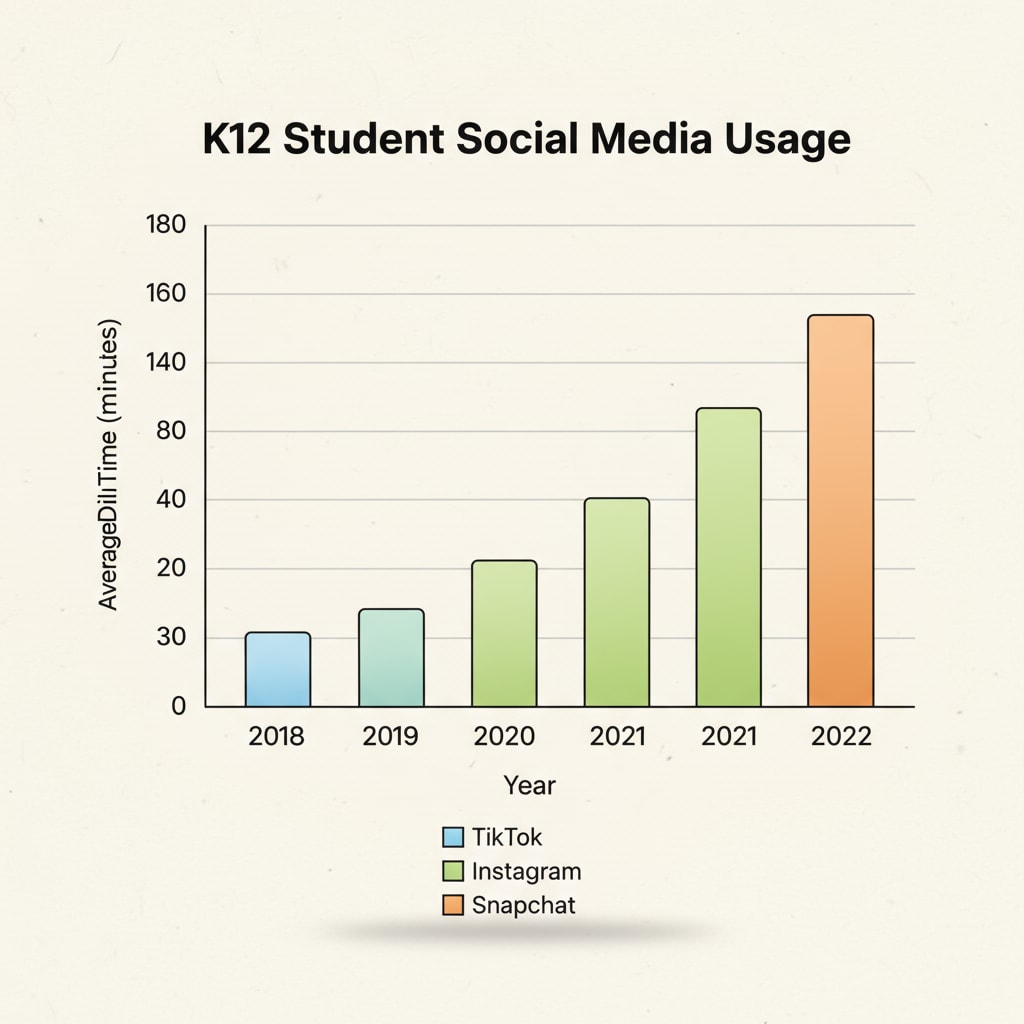 A bar graph presenting the average daily time spent by K12 students on popular social media platforms over a period of several years, showing an upward trend. Graph depicting the increasing time K12 students spend on social media as a result of the attention economy, information desert, and technology addiction