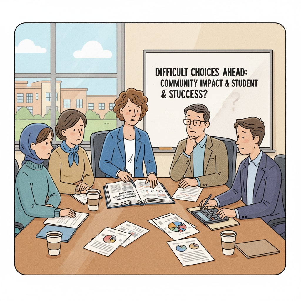 A group of K12 educational administrators in a meeting discussing a difficult decision. K12 educational administrators facing a leadership decision in educational management.