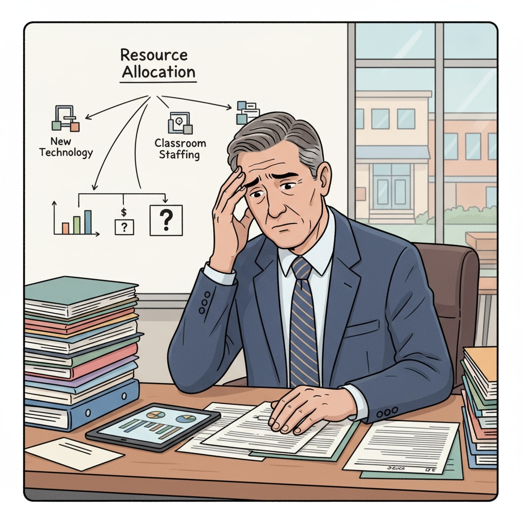 A school administrator looking worried while making a decision about resource allocation. School administrator dealing with an ethical dilemma in educational management.