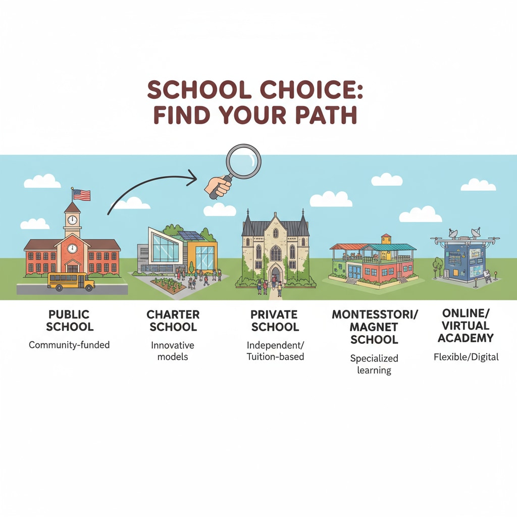 Different buildings represent a variety of schools, including public, charter, and private schools, highlighting the concept of school choice. A visual representation of different types of schools related to school choice in education policy and political controversy