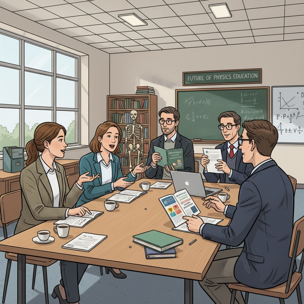 A group of in-service physics teachers are sitting around a table, having a lively discussion about their plans to pursue postgraduate degrees. Some are looking at brochures about different postgraduate programs. In-service physics teachers discussing postgraduate study plans