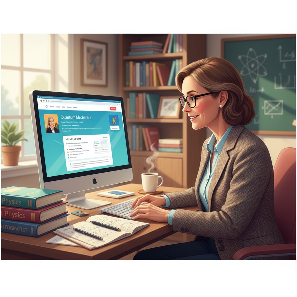 An in-service physics teacher is sitting at a desk at home, looking at a computer screen with online learning materials open. There are books and notes beside the computer. An in-service physics teacher studying online at home