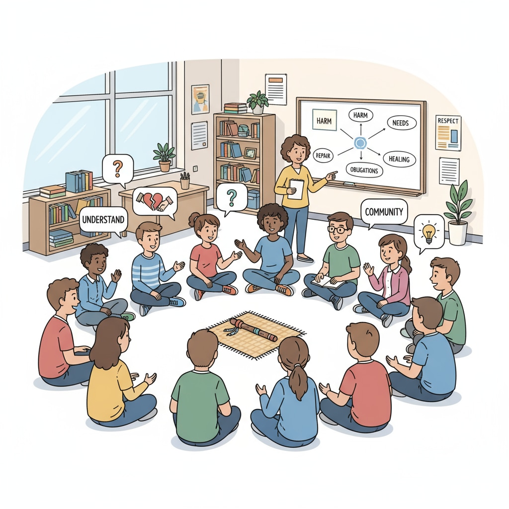 A group of students and teachers are sitting in a circle in a classroom, having a discussion related to restorative justice. They are engaged in a dialogue to understand each other's perspectives and find solutions to conflicts. Students and teachers discussing restorative justice in a classroom setting as part of school implementation with the use of education resources
