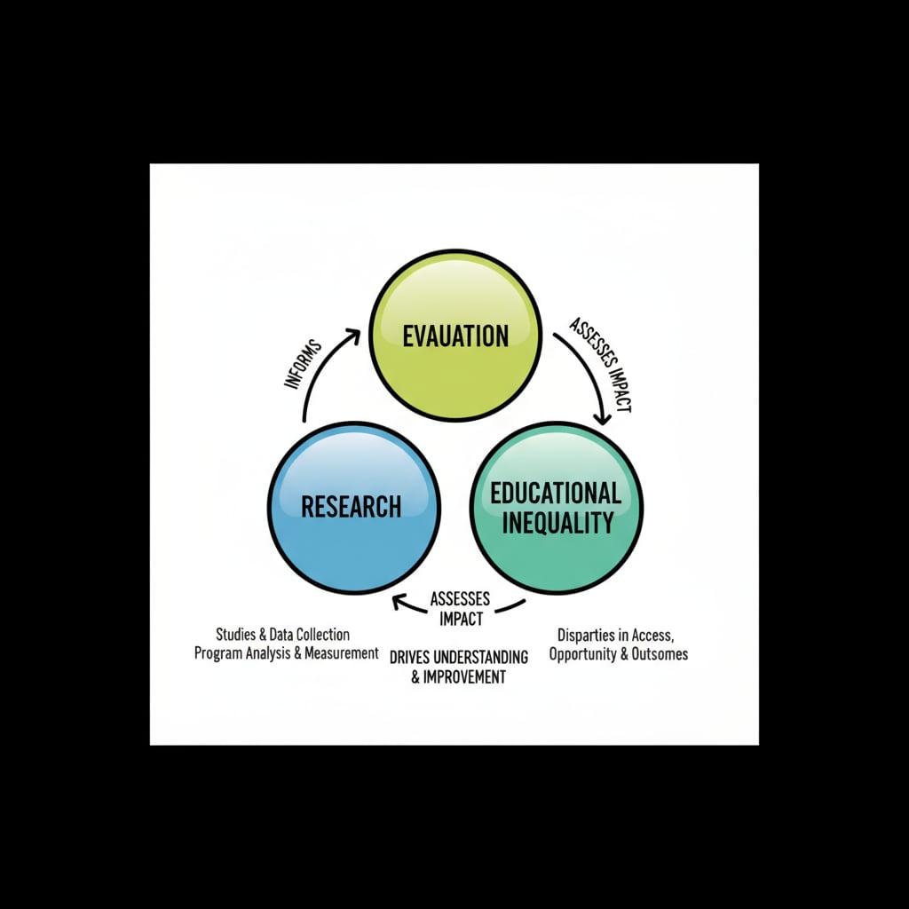 A graph visually representing the connection between research, evaluation, and educational inequality, with arrows showing the relationships. Graph depicting the relationship of research, evaluation, and educational inequality