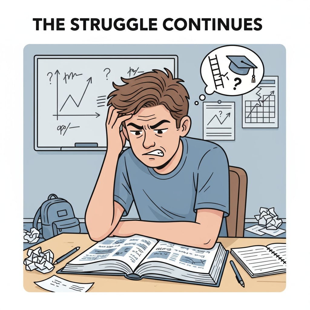 A single middle-achieving student sitting at a desk, with a frown on their face and a book in front of them, showing signs of frustration in the current educational situation. A middle-achieving student affected by the decline in regular class quality, related to educational quality, class management, and student stratification.