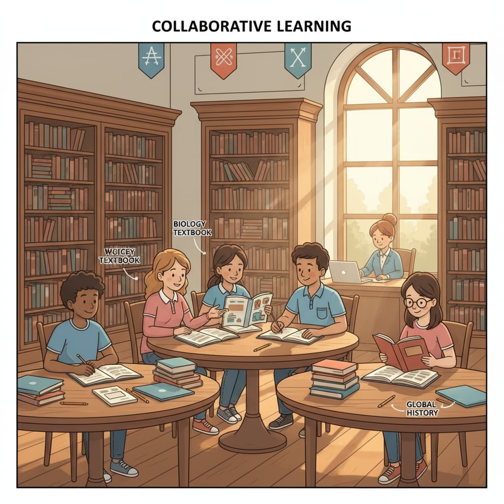 A group of high school students are sitting at tables in a library, books open, and engaged in studying together. High school students using effective learning methods and academic skills in a library.