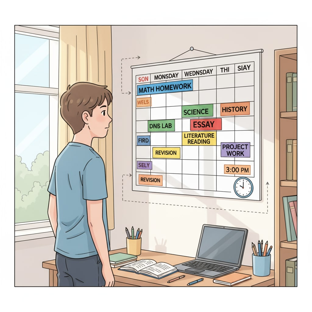 A student is looking at a calendar on the wall where study schedules for different subjects are clearly marked. A high school student managing study time with the help of a calendar, showcasing good learning methods and academic skills.