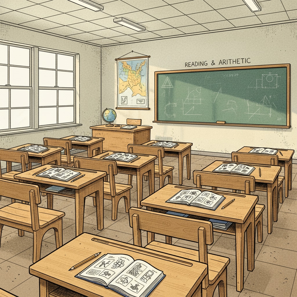 An old classroom from the 1970s, with simple desks and chairs, representing the educational environment of that era An image depicting the educational environment in the 1970s for novel writing