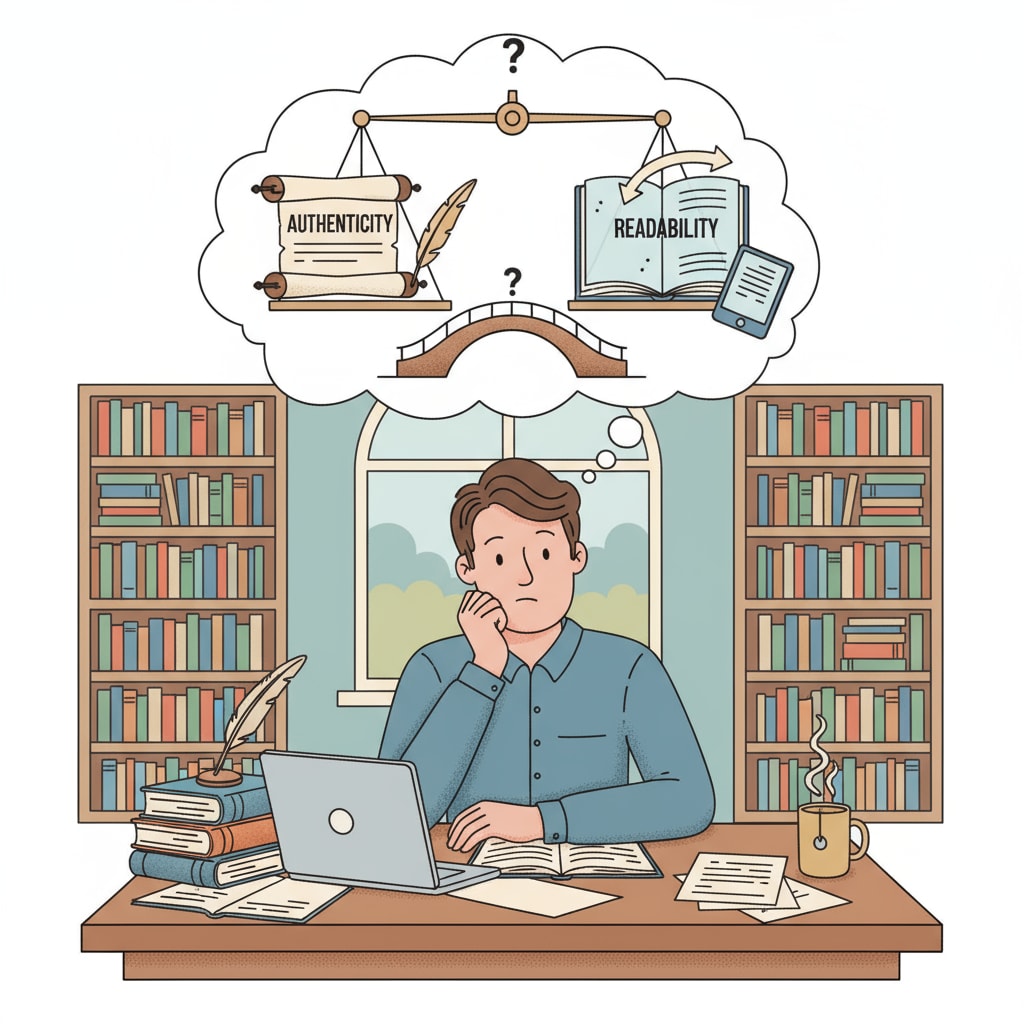 A writer sitting at a desk, pondering how to balance authenticity and readability in their novel A writer considering the balance of authenticity and readability in novel writing