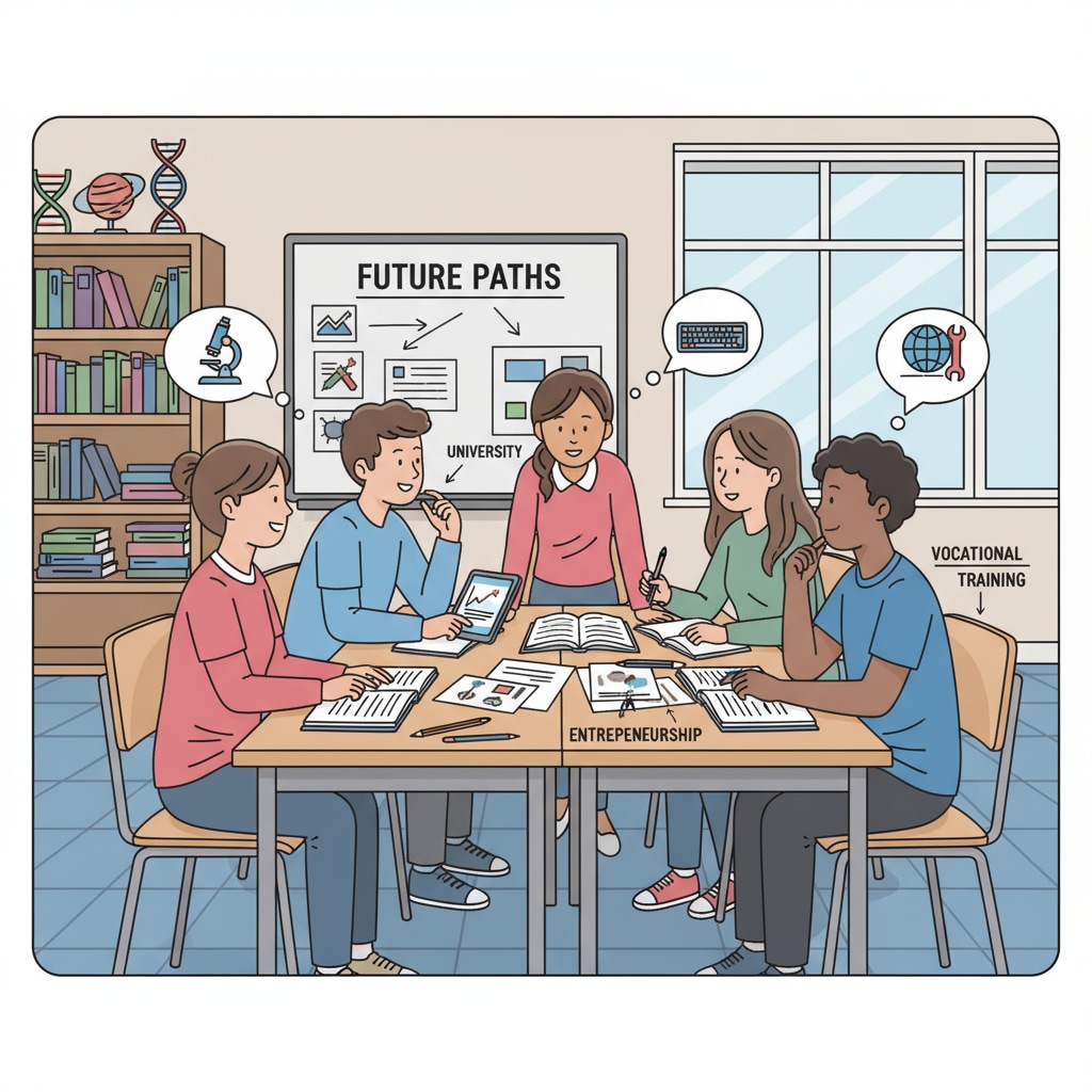 A group of students are engaged in a discussion about their education choices in a classroom setting. There are books and papers on the desks, and they seem to be deep in thought. Students discussing education choices related to Computer Science and A-level in a classroom