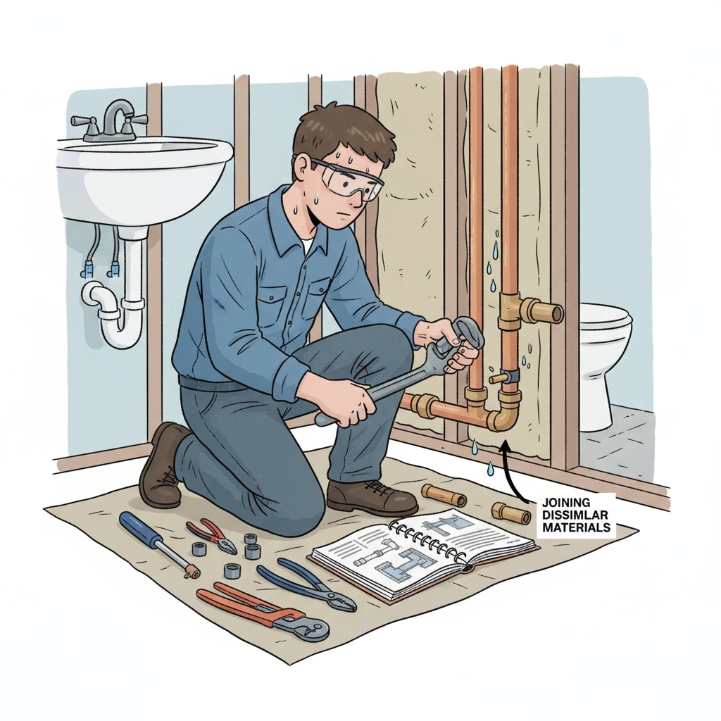 A student is actively working on a plumbing project. They are focused on connecting pipes and using various plumbing tools. Student working on a plumbing project as part of vocational skills training related to education choices