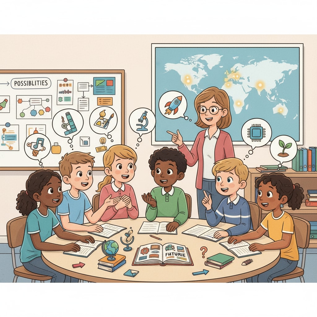 A group of K12 students are engaged in a discussion about their future career paths in a classroom setting, showing their curiosity and eagerness for exploring different career options. K12 students discussing dream careers, employment concerns, and career planning in a classroom