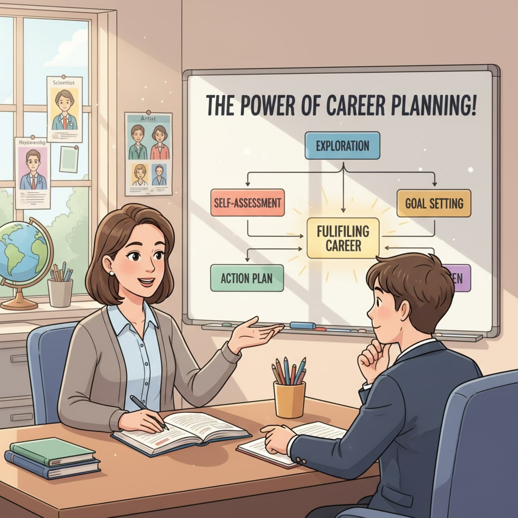 A teacher is having a one-on-one conversation with a student in the school counseling office, providing career advice and guidance, highlighting the importance of career planning. A teacher giving career advice related to dream careers, employment concerns, and career planning to a student