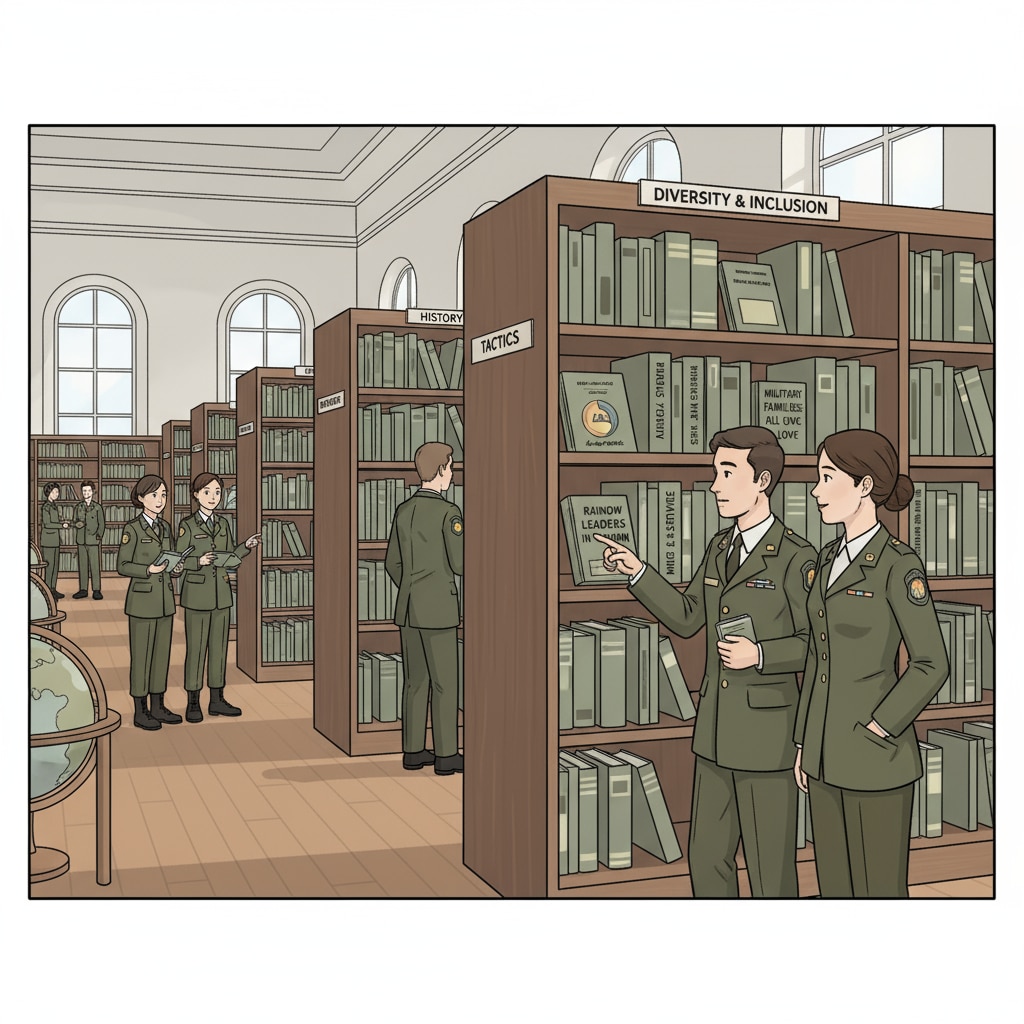 A group of students in a military school library, looking at bookshelves filled with diverse books including some related to LGBTQ+ themes. Students in a military school library exploring LGBTQ+ books