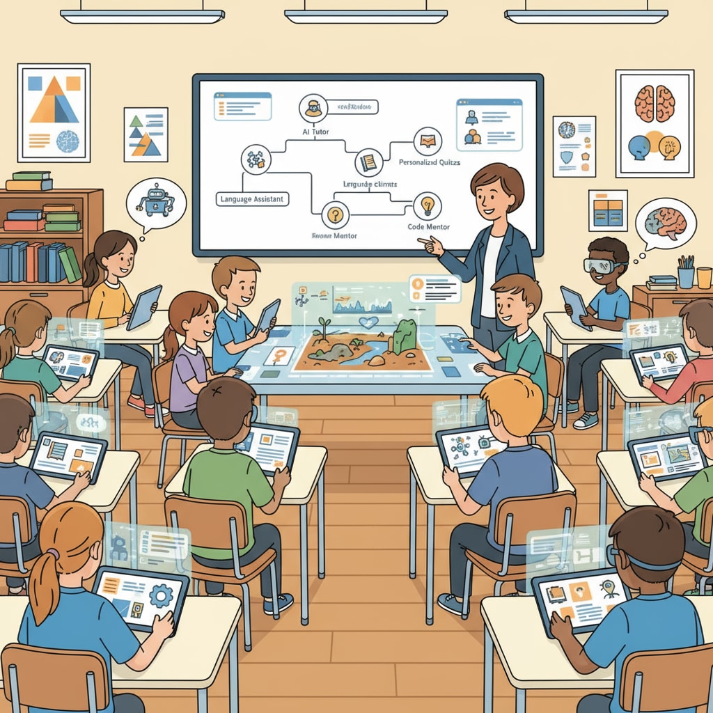 Students using AI-powered learning tools in a classroom for educational purposes