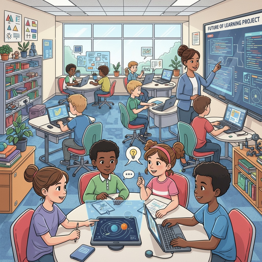 A group of students are actively involved in an innovative classroom activity, with some using laptops and others discussing in groups. Students participating in an innovative classroom activity related to teacher interviews, innovative courses, and student engagement