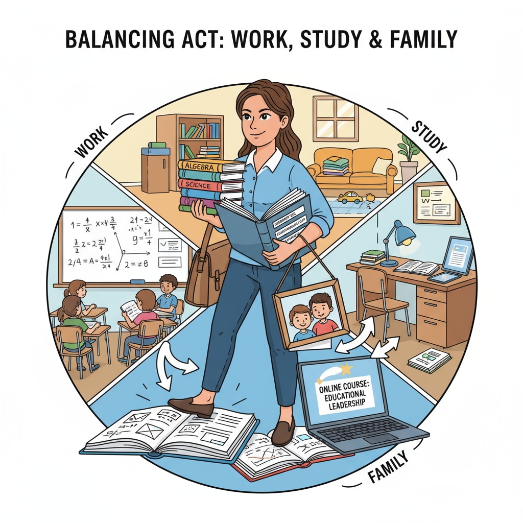 A K12 teacher is seen in a busy scene, trying to manage school-related books, work files, and a family photo, representing the struggle to balance work, study, and family. A K12 teacher juggling work, study, and family responsibilities