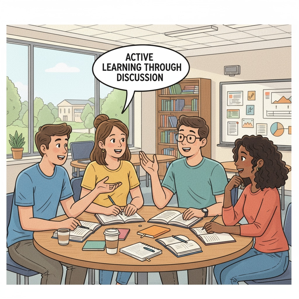 A group of students gathered around a table, engaged in a lively discussion, which is an important aspect of traditional teaching methods for enhancing learning. Students having a discussion in a learning environment related to traditional teaching