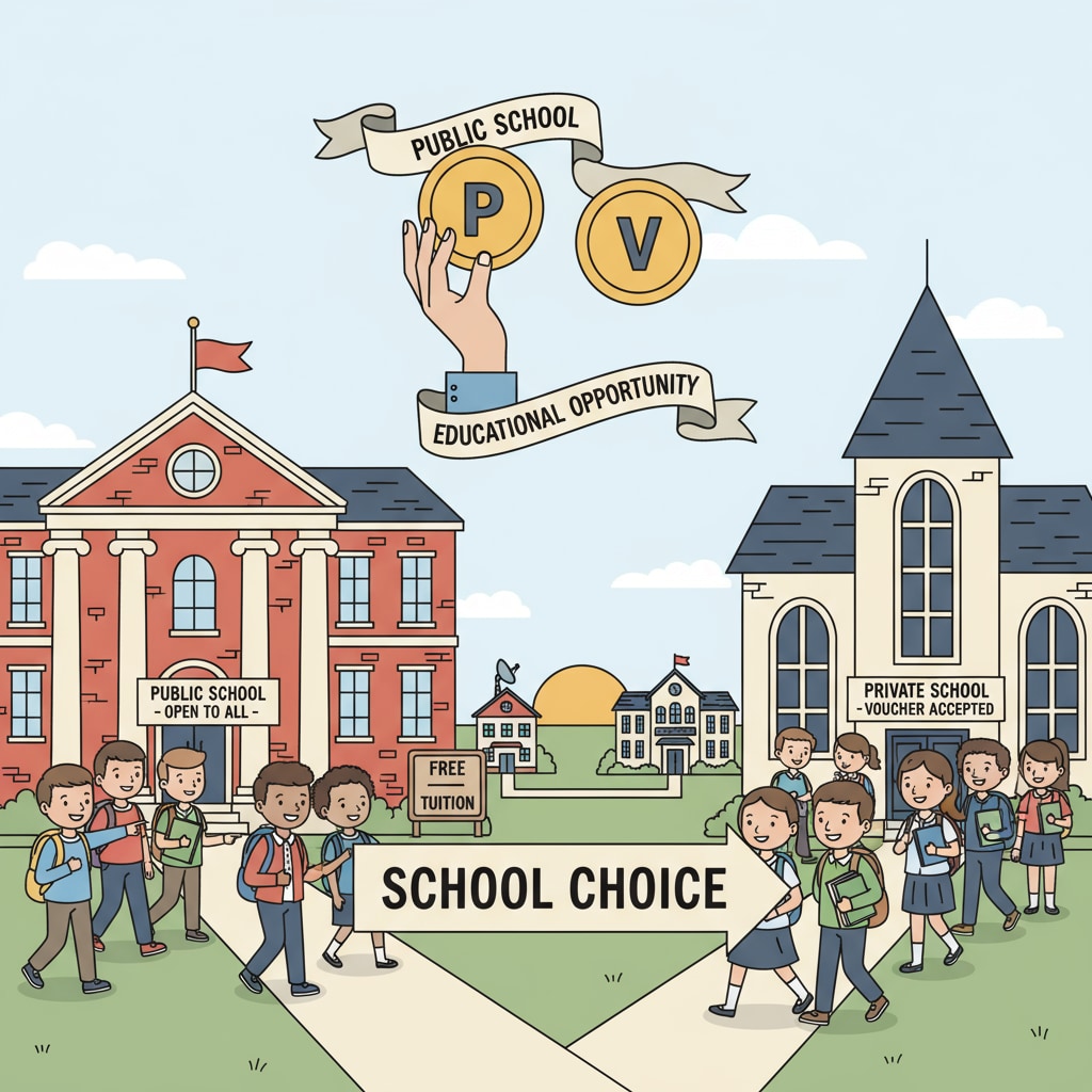 A group of students walking into different types of schools, including public and private ones, symbolizing the choices brought by school vouchers. Students exploring different school options due to school vouchers