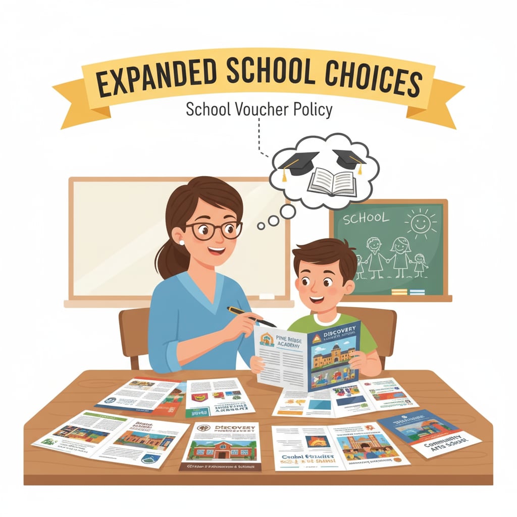 A parent and child looking at brochures of different schools, representing the increased choice for parents under the school voucher policy. Parent and child considering school choices with school vouchers
