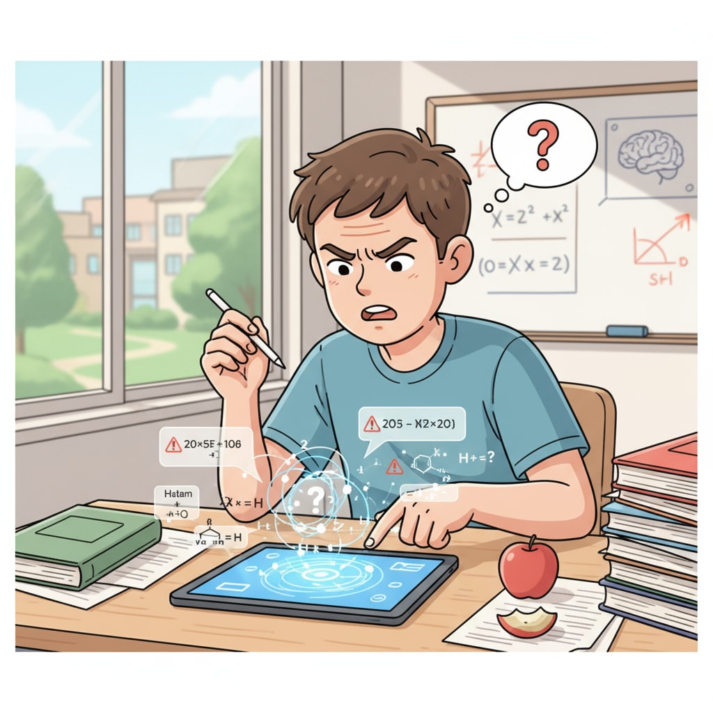 A student looking confused while using an AI device during study in relation to AI policies, academic integrity, and skill devaluation