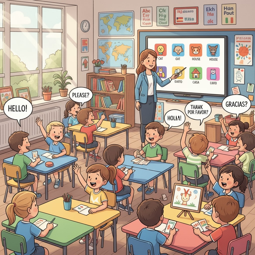 A classroom scene where lower primary students are actively participating in a second language learning activity, showing enthusiasm and engagement. Lower primary students engaged in second language learning activity using effective teaching methods