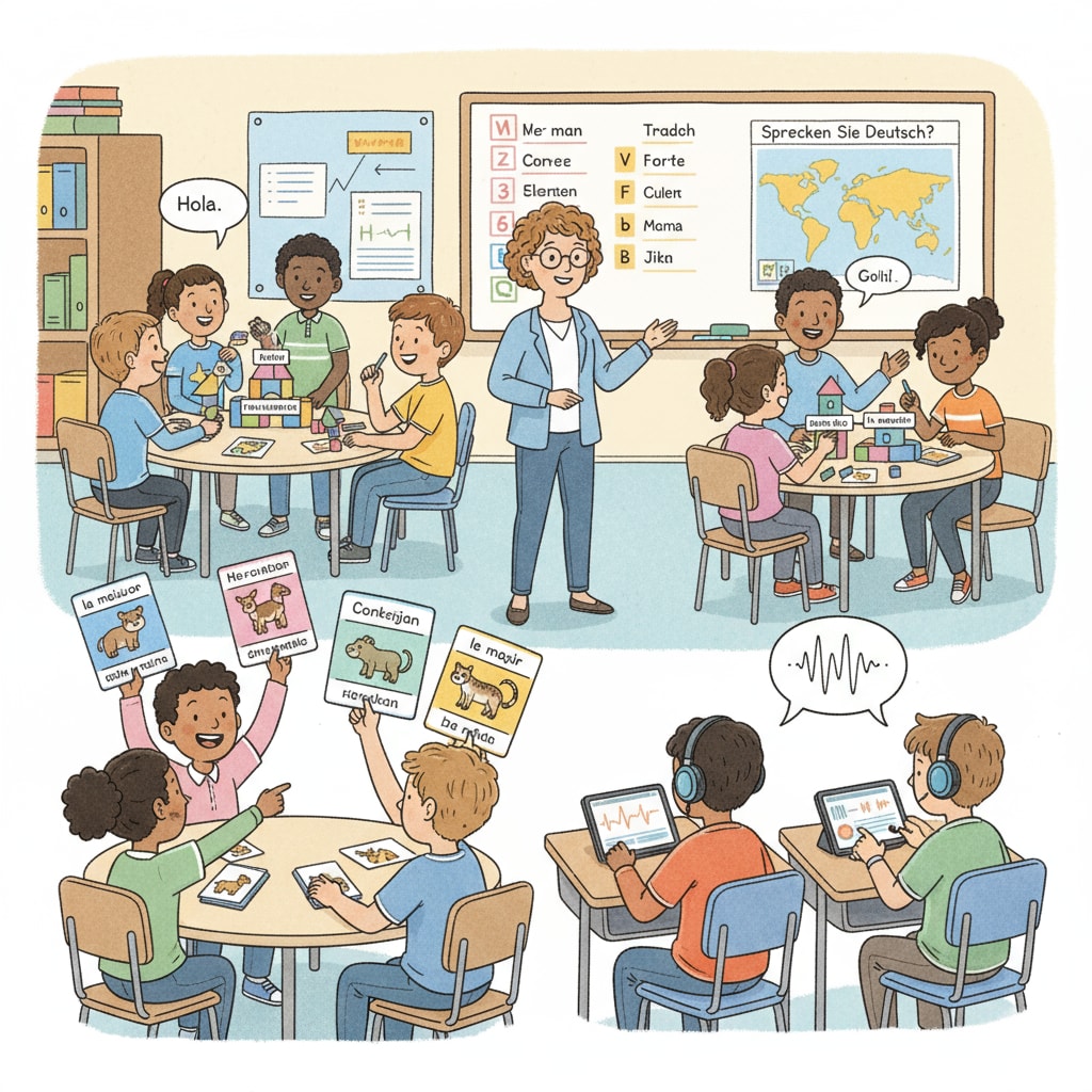 Students are using different senses to learn a second language. Some are looking at flashcards, some are listening to audio, and others are doing hands-on activities. Students applying multisensory approach in second language learning in primary education