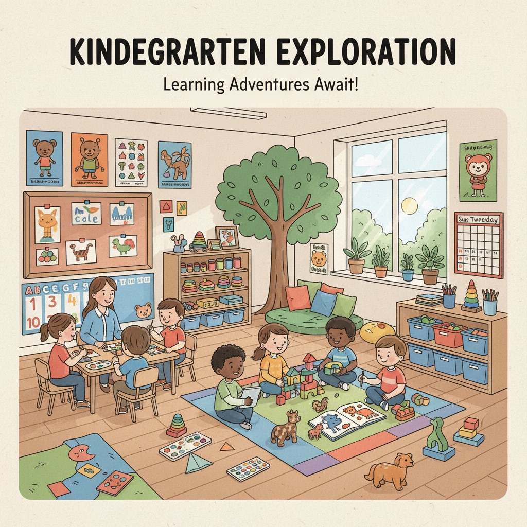 A classroom scene with children engaged in activities, showing the normal learning environment in a kindergarten. Children in a kindergarten classroom, representing the educational environment related to gifted programs and educational equity.