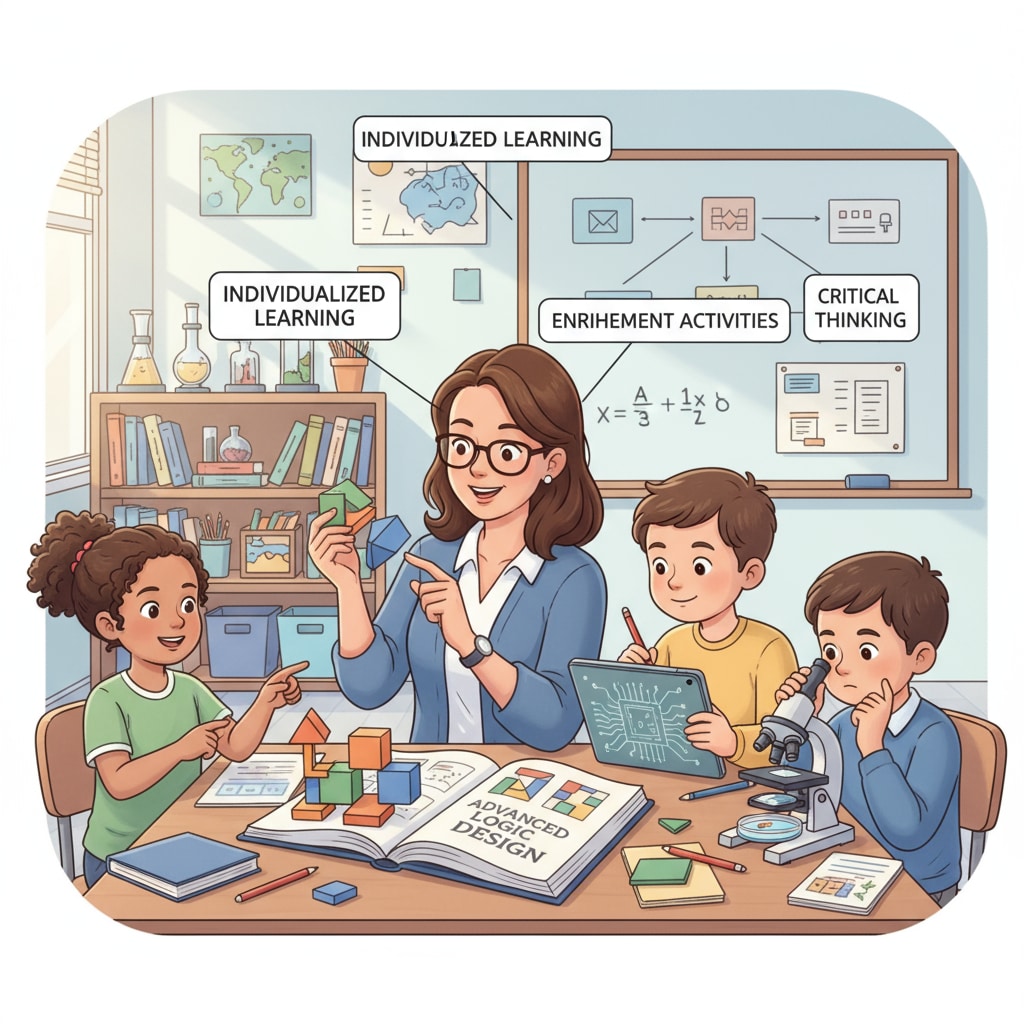 A teacher interacting with a small group of students, symbolizing the individualized instruction in gifted programs. Teacher-student interaction in a gifted program, highlighting the aspect of elite education in kindergarten.