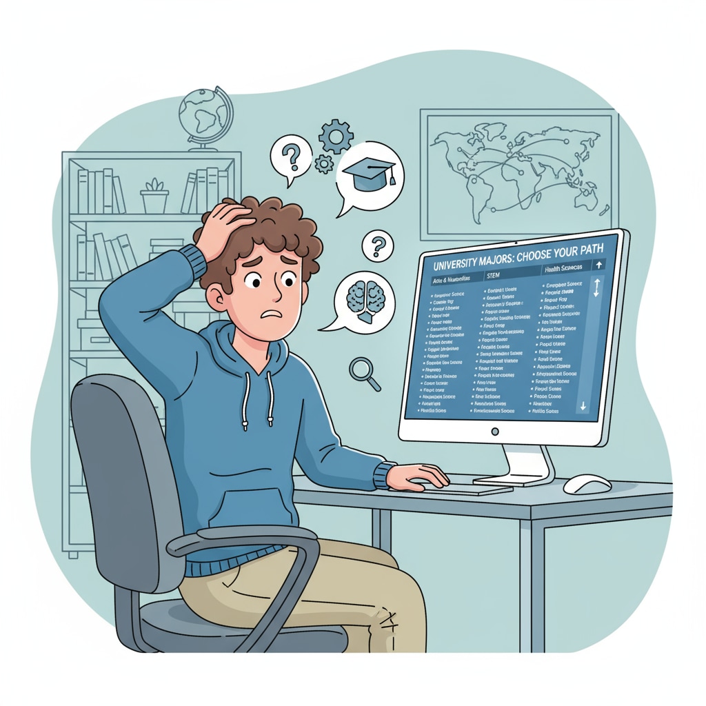 A student struggling to decide on a university major as part of career planning and interest exploration