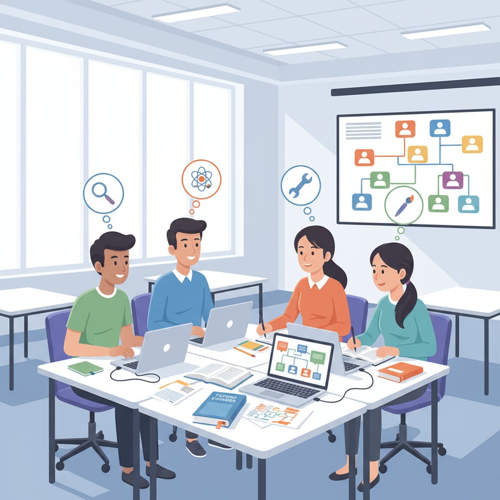 Commerce students discussing higher education and career development options in a classroom