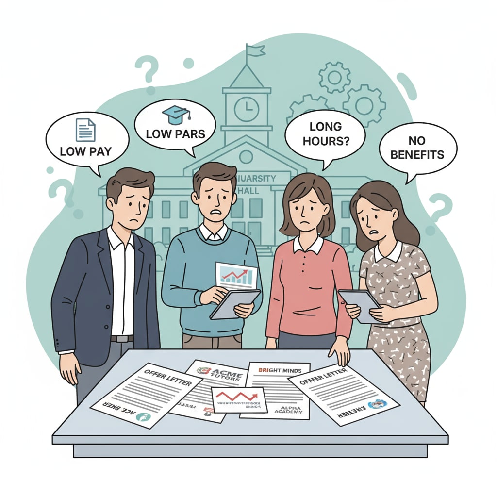 University graduates expressing concern about low-paying temporary jobs from tutoring companies.