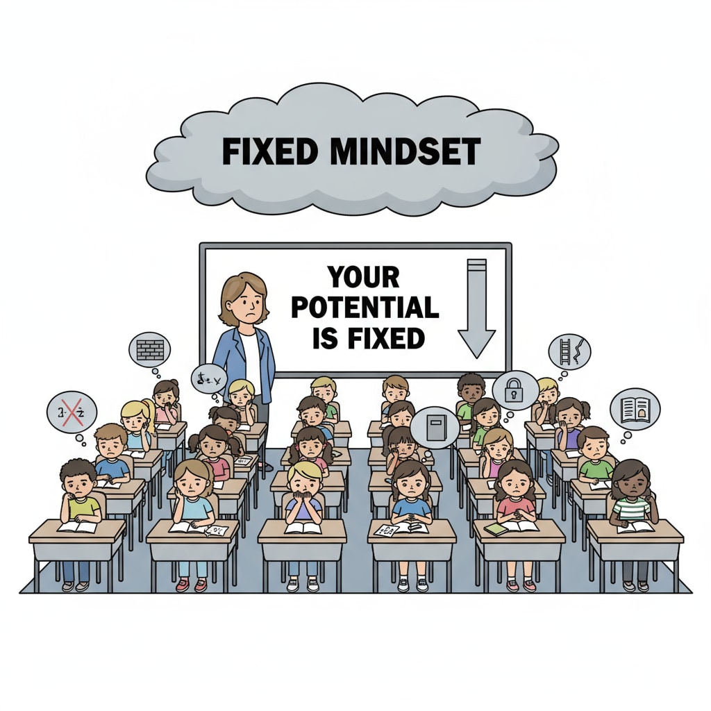 A classroom scene in an American K12 school where students are sitting passively, seemingly affected by the fixed mindset American K12 classroom scene showing the impact of the fixed mindset on students