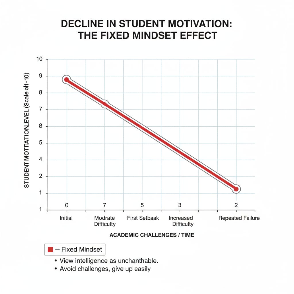 A graph showing the decline in students' motivation under the influence of the fixed mindset Graph depicting the decline of students' motivation due to the fixed mindset in the American education system