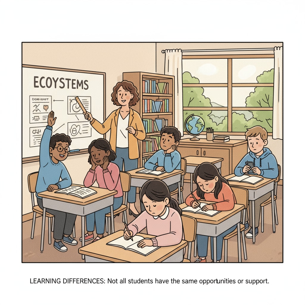 A classroom scene with students of different backgrounds, some looking more engaged than others, representing the inequalities in the education system A classroom scene showing education system, social screening, and class differentiation