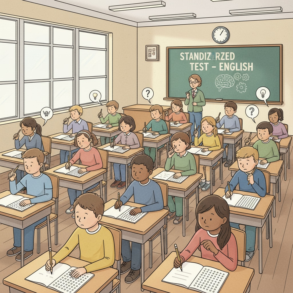 A group of students taking a standardized test in a classroom Students taking a standardized test, highlighting social screening in the education system