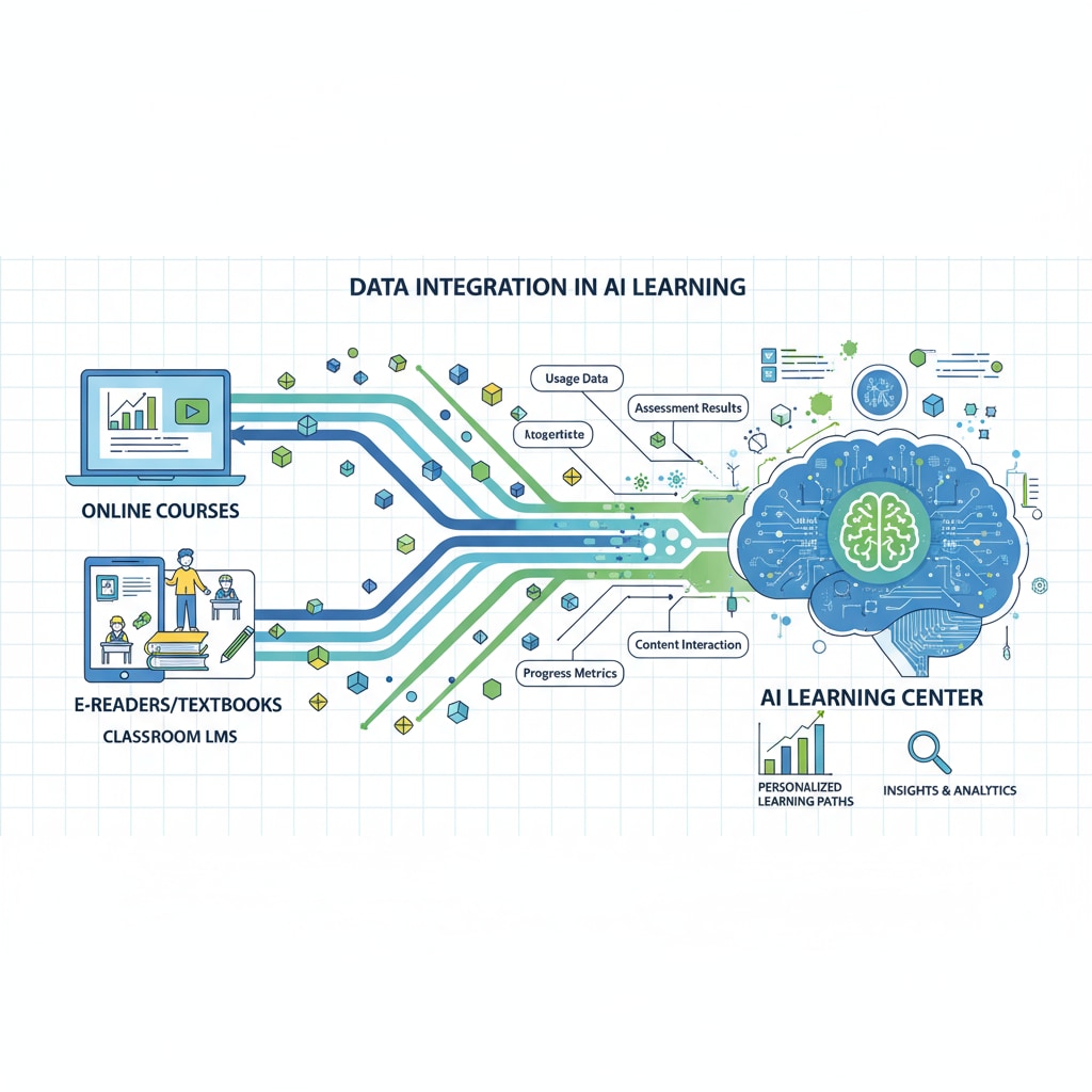 An illustration showing different educational platforms with data streams flowing into an AI - powered learning center, representing the process of data integration in an AI Learning Center. Data integration in an AI Learning Center for enhanced teacher efficiency in K12 education