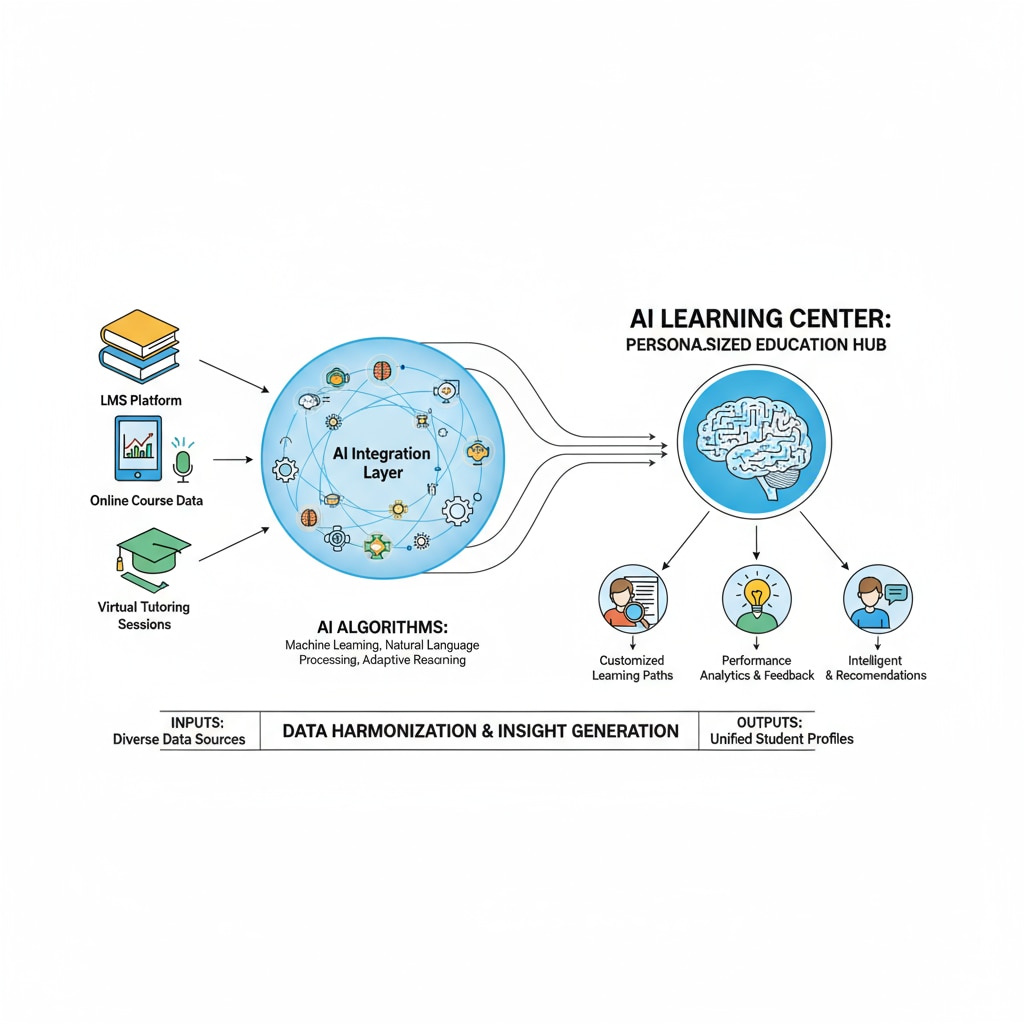 A diagram depicting how AI algorithms work to integrate data from different educational platforms, highlighting the role of AI in the AI Learning Center. The role of AI in integrating data for improved teacher efficiency in the AI Learning Center