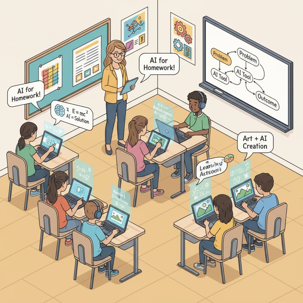 A classroom scene where students are using AI tools on their devices to complete homework assignments. Students using AI to complete homework in a classroom