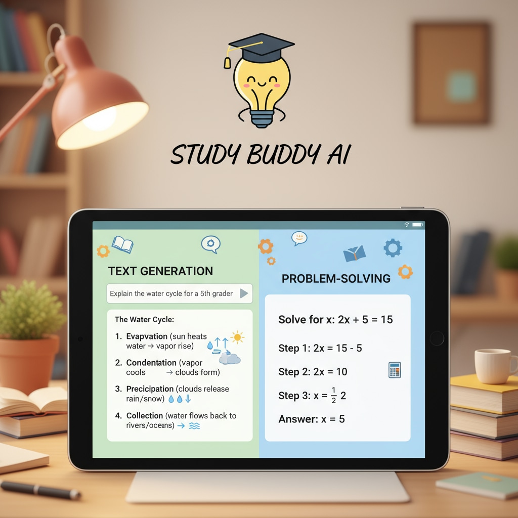 An interface of an AI application that provides assistance for students' homework, showing text generation and problem-solving features. An AI interface used for homework assistance