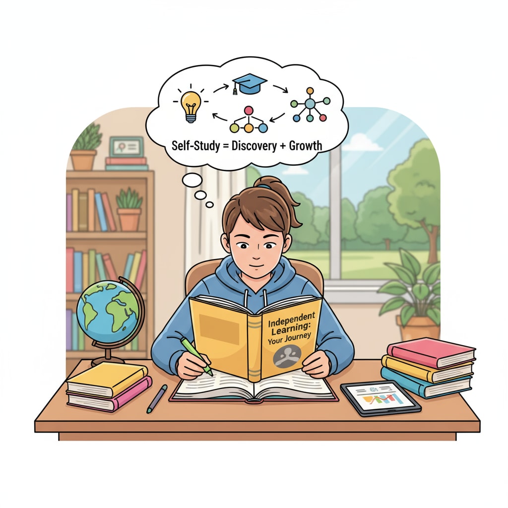 A solitary K12 student is focused on self-study at a desk, highlighting the essence of self-study for independent learning. K12 student engaged in self-study for personalized learning