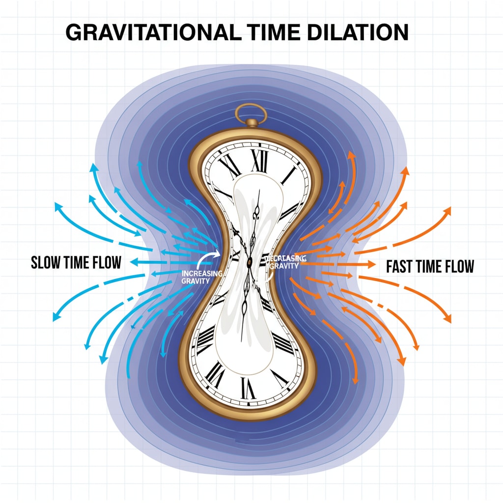 An illustration presenting a clock in a gravitational field, with arrows indicating the different flow rates of time. A visual representation of time dilation due to gravity in the theory of relativity.