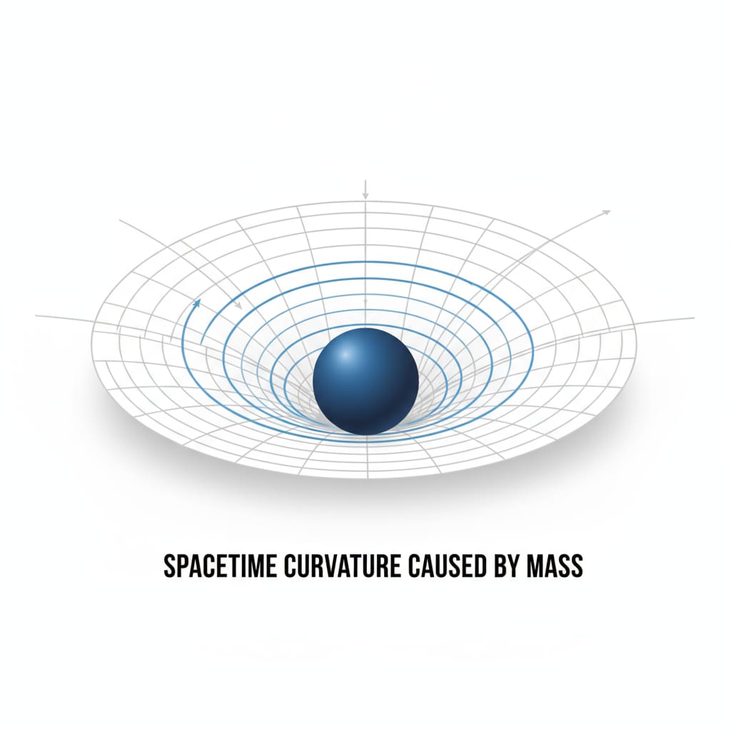 A diagram showing a large mass causing a distortion in the fabric of spacetime, with lines representing the warping. A depiction of how a massive object warps spacetime in relation to gravity and relativity.